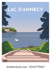 Travel poster of Annecy lake. vector illustration landscape background with colored style.