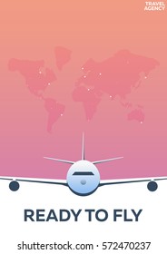 Travel poster. Around the world. Ready to fly. Vacation. Trip to country. Travelling illustration. Modern vector flat