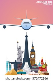 Travel poster. Around the world. Vacation. Trip to country. Travelling illustration. Modern vector flat