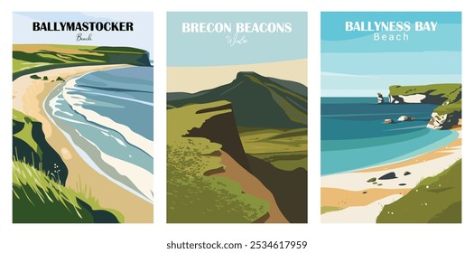 Cartaz de viagem de Ballymastocker Beach, Ballyness Bay, Brecon Beacons, País de Gales, vintage arte decor poster design. Design plano, arte de parede imprimível na moda com belas paisagens