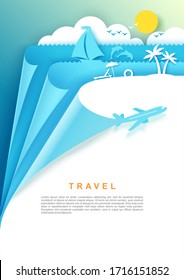 Travel poster, banner template, vector illustration in paper art style. Plane flying in sky, origami sailboat floating on water, jumping dolphins and ocean beach. Air travel, summer beach vacation.