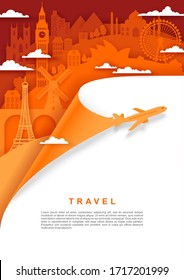Travel poster, banner template, vector illustration in paper art style. Plane flying in sky and world famous landmark silhouettes. Worldwide tourism, flight tour, air travel.
