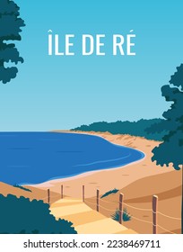 travel poster of beach in Ile de Re, france. landscape vector illustration with colored style for poster, postcard, card, print.