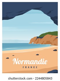 Travel poster with beach, and stone arch in Normandie, France Europe. Landscape Vector illustration with colored style for poster, postcard, card, art, print.