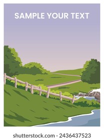 Travel poster of beautiful countryside. summer landscape in hills and river. vector illustration for background, template, poster, print.