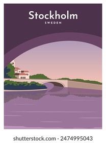 Travel poster with a beautiful view of the city with the evening sky. vector illustration background travel concept. with a flat and minimalist style