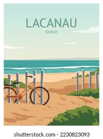 travel poster with bicycles on beach, Lacanau, France. landscape vector illustration with flat style for poster, card, background, postcard etc. svg