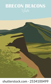 Cartaz de viagem de Brecon Beacons, País de Gales, vintage arte decoração poster design. Design plano, arte de parede imprimível na moda com belas paisagens