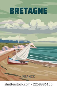 Travel poster Bretagne France, vintage sailboat, seascape sand seashore landscape