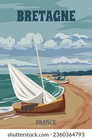 Travel poster Bretagne France, vintage sailboat, seascape sand seashore landscape