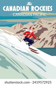 Reiseplakat Canadian Rockies Resort Vintage. Winterlandschaftsreisekarte