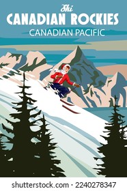 Travel poster Canadian Rockies Ski resort vintage. Canada winter landscape travel card