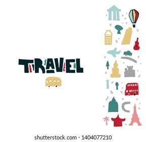 Travel poster, card with objects - Eiffel tower, palm tree, elephant, balloon, bus, plane. Travel inscription in paper cut style. Colorful print design for packaging design, brand design, poster
