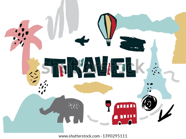 Travel poster, card with objects - Eiffel tower,\
palm tree, elephant, balloon, bus, plane. Travel inscription in\
paper cut style. Colorful print design for packaging design, brand\
design, poster