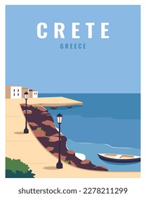 travel poster of Chania bay at sunny summer day, Crete Greece. Vector illustration landscape with colored style.