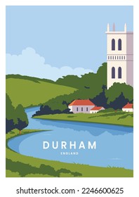 paisaje urbano con afiches de viaje de Durham con el río, Inglaterra. paisaje de ilustración vectorial con estilo coloreado.