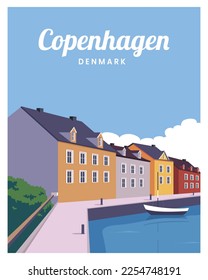 afiche de viaje de la ciudad de Copenhague en un edificio colorido. Fondo de la ilustración vectorial con estilo de color.