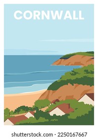 travel poster of Cornwall England.Travel to Cornwall South West England United Kingdom.Vector illustration with colored style for poster, postcard, card, background, art print.