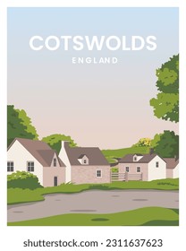 afiche de viaje con casas de campo
en los Cotswolds. paisaje de ilustración vectorial con estilo coloreado.