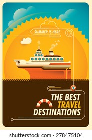 Travel poster with cruise ship. Vector illustration.
