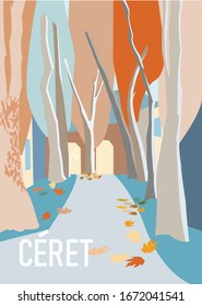 A travel poster depicting a small French village Ceret in French Catalonia, Eastern Pyrenees