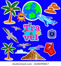 Travel, poster, design, sticker, bright, cartoon, beautiful colors, text, sun, coconut tree, sun, world travel, airplane, sunhat, eagle, mountain, clouds, passport, compass, dark blue background.