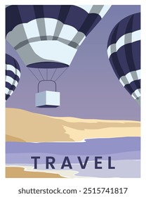 Destinos de póster de viaje. vacaciones en la playa con globo aerostático. Elementos de Ilustración vectorial en fondo colorido.