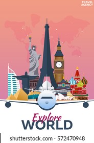 Travel poster. Discover Europe. Vacation. Trip to country. Travelling illustration. Modern vector flat