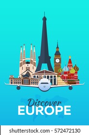 Travel poster. Discover Europe. Vacation. Trip to country. Travelling illustration. Modern vector flat