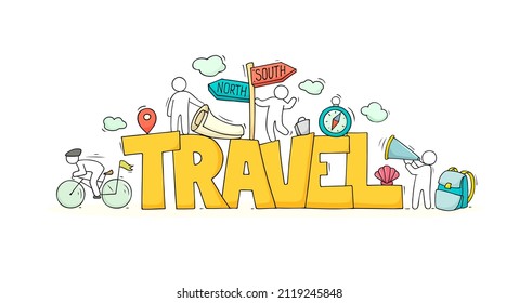 Travel poster with doodle people, direction sign, person on bike, compass and backpack. Vector banner of road trip, journey and vacation with hand drawn illustration of tourists and signpost