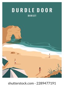 Travel poster Durdle Door at Dorset, England, United Kingdom. Vector Illustration in colored style suitable for poster, greeting card, postcard.