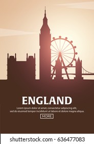 Travel poster to England. Landmarks silhouettes. Vector illustration