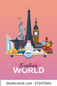 Travel poster. Explore world. Vacation. Trip to country. Travelling illustration. Modern vector flat