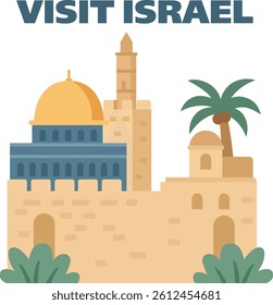 “Visit Israel” travel poster featuring Jerusalem architecture, palm trees, and warm beige background.