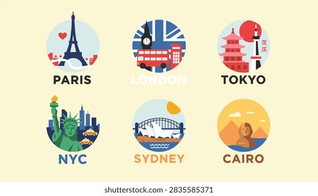 Travel poster featuring six circular badges of iconic landmarks for Paris, London, Tokyo, NYC, Sydney, and Cairo.