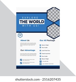 Travel poster or flyer pamphlet brochure design layout space for photo background. Blue Travel flyer template for travel agency