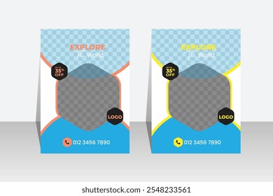 Travel poster or flyer pamphlet brochure design layout space for photo background. Yellow Travel flyer template for travel agency