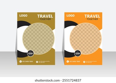 Travel poster or flyer pamphlet brochure design layout space for photo background. Yellow Travel flyer template for travel agency