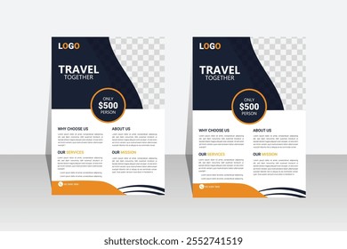 Travel poster or flyer pamphlet brochure design layout space for photo background. Yellow Travel flyer template for travel agency