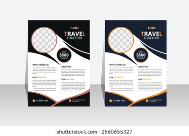 Travel poster or flyer pamphlet brochure design layout space for photo background. Yellow Travel flyer template for travel agency	