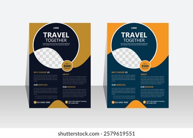 Travel poster or flyer pamphlet brochure design layout space for photo background. Yellow Travel flyer template for travel agency	