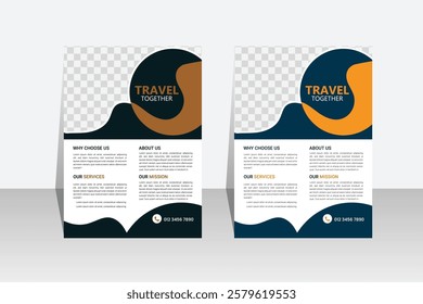 Travel poster or flyer pamphlet brochure design layout space for photo background. Yellow Travel flyer template for travel agency	