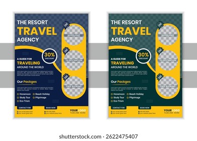 Travel poster or travel flyer pamphlet brochure travel design layout. flyer template for travel company. a4 flyer template of 2 templates in different colors, modern traveling flyer template,