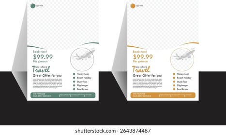 Travel poster or flyer pamphlet brochure design layout space for photo background. Green and orange  flyer template for travel agency
