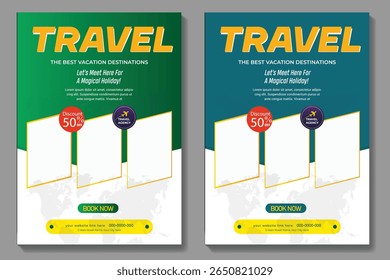 Travel poster or flyer pamphlet brochure design layout space for photo background. Yellow Travel flyer template for travel agency
