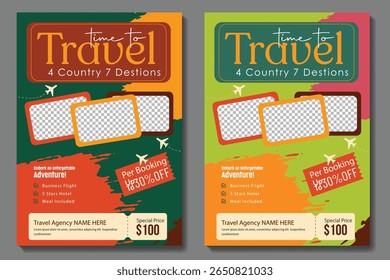 Travel poster or flyer pamphlet brochure design layout space for photo background. Yellow Travel flyer template for travel agency
