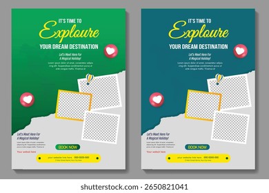 Travel poster or flyer pamphlet brochure design layout space for photo background. Yellow Travel flyer template for travel agency
