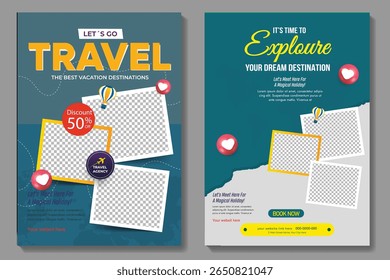 Travel poster or flyer pamphlet brochure design layout space for photo background. Yellow Travel flyer template for travel agency
