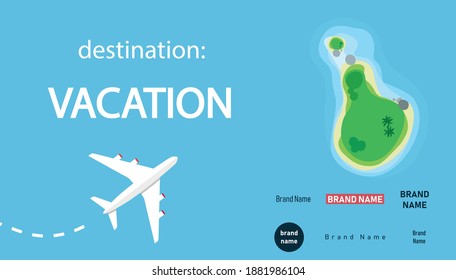 Travel poster with flying airplane and tropical island on blue background.