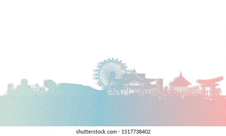 Travel poster with Fukuoka, Japan famous landmark in paper cut style vector illustration.